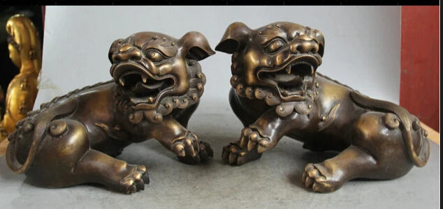 

JP S0524 12" Chinese Bronze Folk Feng Shui Foo Fu Dog Guardion Lion Statue sculpture Pair