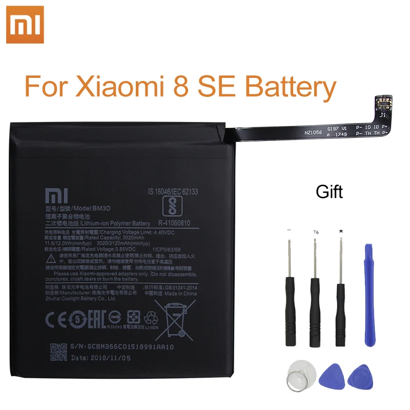 

Xiao Mi Original Phone Battery BM3D 3020mAh for Xiaomi Mi 8 SE High Quality Replacement Batteries Retail Package Free Tools