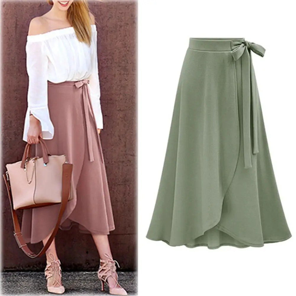 Женская модная миди юбка лето Jupe Femme с высокой талией асимметричные юбки с разрезом - Цвет: Army Green