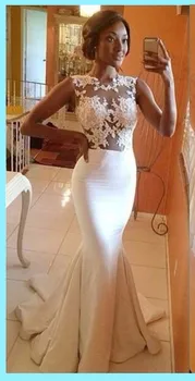 Gorgeous Mermaid Prom Dresses 2017 Hot Sale Sexy White Lace Appliques Ruffles Floor Length Evening Gown For Wedding Plus Size