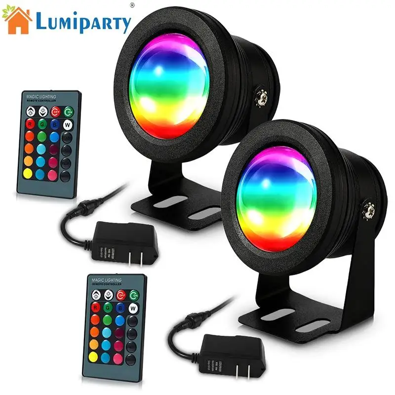 LumiParty 2pcs Outdoor 10W LED Flood Light IP67 Waterproof RGB Underwater Landscape Lamp with 24 Key Remote Controller