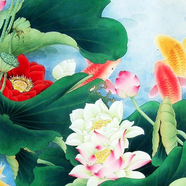 Китайские шелковые чернила акварельные Лотос рыбы Золотая рыбка Карп цветок картинка на холсте на стену картина фэн шуй Дамасская доска с прокруткой картина подарок