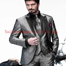 Индивидуальный заказ, серебряные серые смокинги для жениха, официальные свадебные формальные мужские костюмы деловой, для жениха(куртка+ брюки+ жилет+ галстук