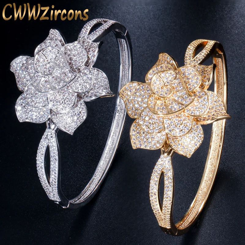 

CWWZircons 3D Flower Silver and Yellow Gold Color CZ Stones Large Open Handcuff Bangles Luxury Women Wedding Party Jewelry BG026