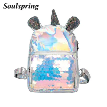 

Cute Ear Unicorn Sequins Laser Backpack Female Fashion Leather Bagpack Travel School Bag For Teenager Student Schoolbag 2019 New
