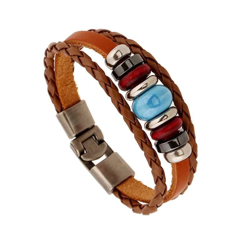 Многослойные кожаные браслеты в стиле бохо с тибетским камнем и перьями для женщин, подарки, очаровательные браслеты с бусинами для мужчин, винтажные браслеты в стиле панк - Окраска металла: PK0256