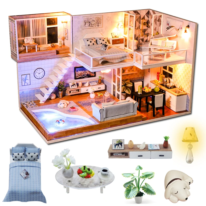 Cutebee сделай сам дом миниатюра с мебелью светодиодный Музыка Пылезащитный чехол модель строительные блоки игрушки для детей Casa De Boneca J16