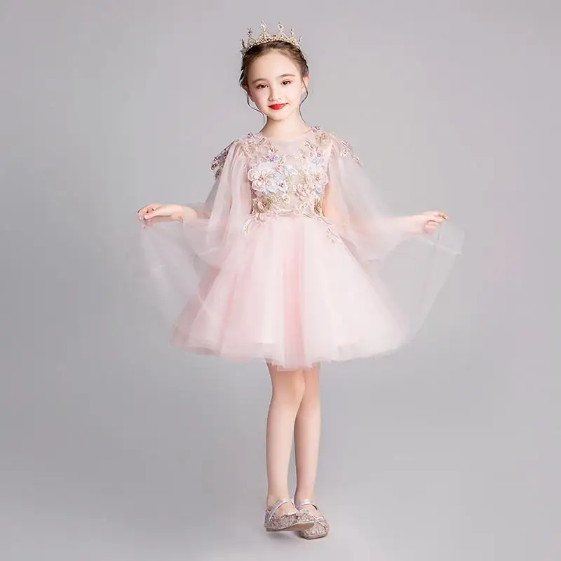 pink short style Новые Детские с вышивкой для девочек со шлейфом; платье принцессы для малышей, одежда для девочек, Vestidos, Детские платья для девочек День рождения F15 - Цвет: pink short style