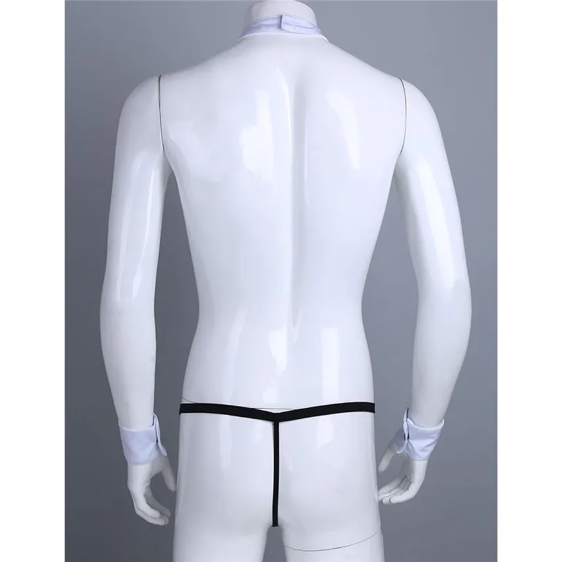 Male Mens Lingerie Bow Waiter Lingerie Costume Suit Open Back Tuxedo G-string Thong Underwear with Bow Tie Collar and Bracelets