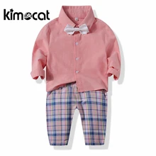 Kimocat Baby Boy Clothes Long Sleeve Gentleman Shirt+Pant Roupa Infantil Newborn Clothes Plaid Two-Piece Suit Boys Clothing Set levi s baby boys newborn coulter pant