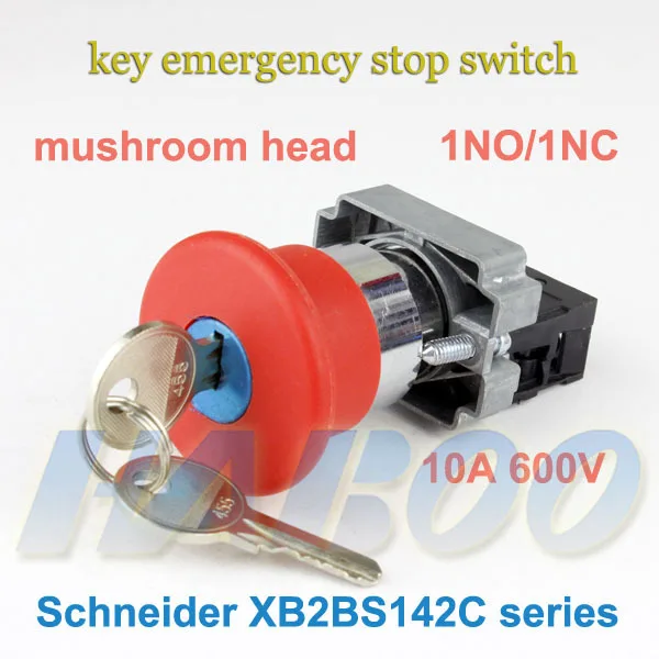

1pcs packing shipping free dia.22mm mushroom head emergency stop switch with key 1NO/1NC IP40 key push button switch 10A600V