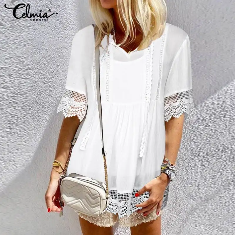  Women Tunic Tops Celmia 2019 Summer Sexy V-neck Short Sleeve Blouses Casual Loose Lace Stitching Sh