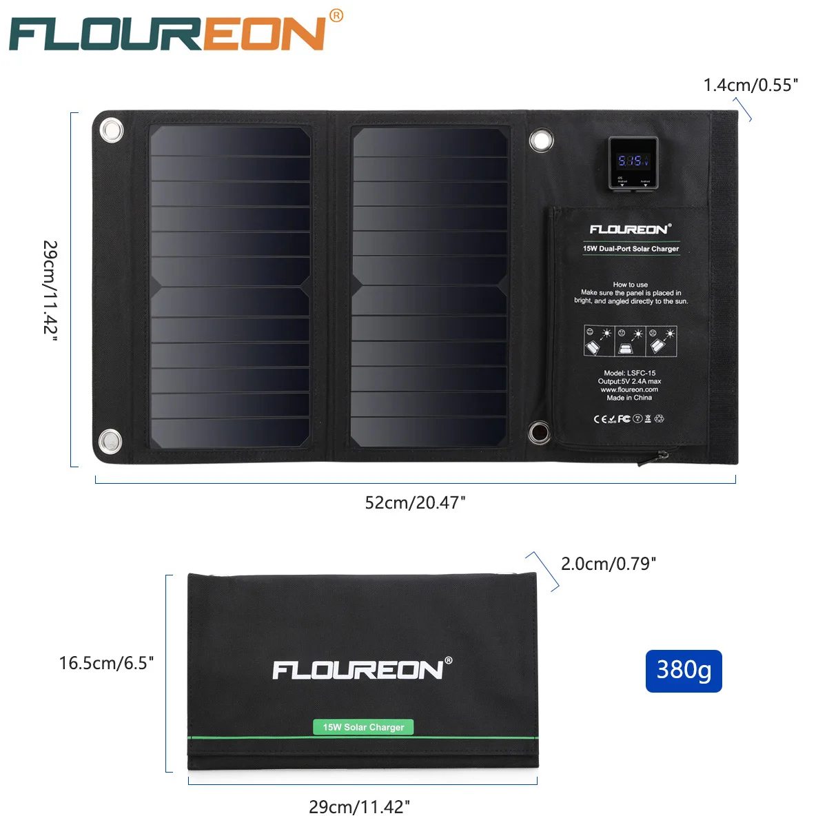 

FLOUREON 15W Waterproof Solar Panel Charger Built-in Ammeter Mobile Power Bank for Smartphones Tablets Dual USB Ports Outdoor