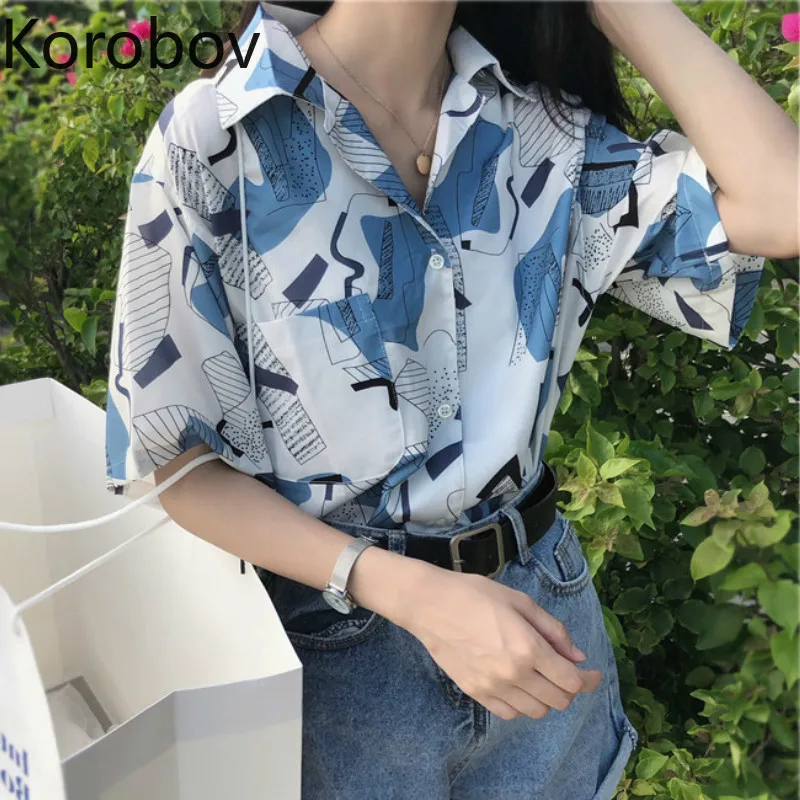 Женские топы Korobov летние рубашки 2019 с коротким рукавом и отложным воротником