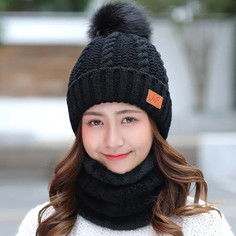 Зимний модный женский шарф, вязаная шапка, s Маска, женская теплая зимняя Лыжная шапка для женщин и девушек, Skullies Beanies шапки - Цвет: black