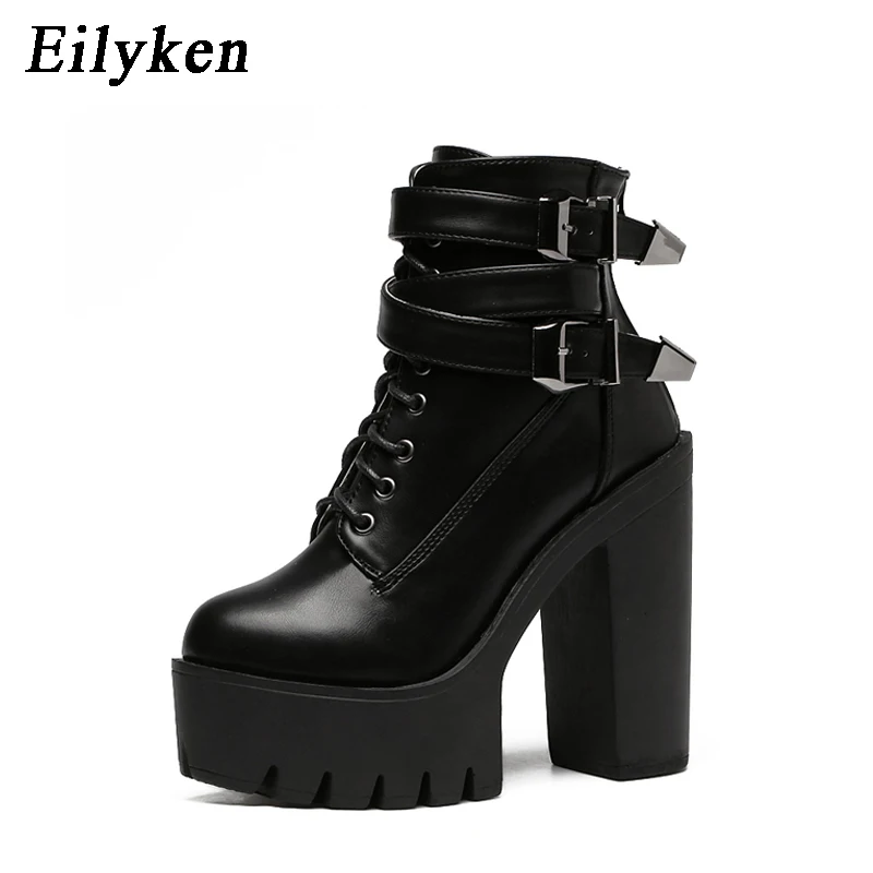 Eilyken/; сезон осень; модные женские ботинки хорошего качества на высоком каблуке и платформе; кожаные короткие ботиночки на шнуровке с пряжкой; женская обувь черного цвета