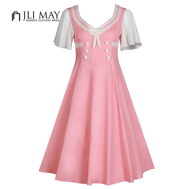 

JLI MAY Vintage summer sailor dress women patchwork short Sleeve V-Neck button womens clothing pink party plus size midi dresses