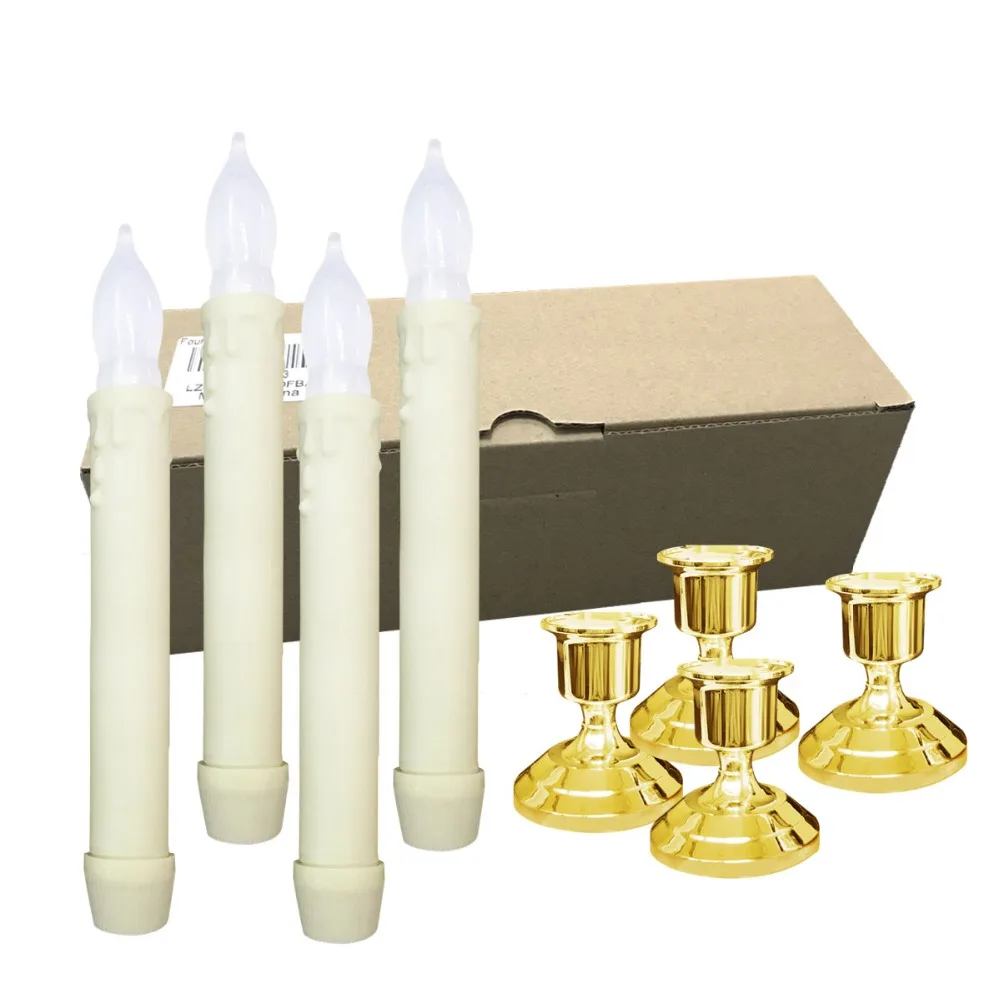 

Set of 4 Flameless White Taper Window Candles with Removable Gold Candleholders for Church & Wedding Ceremony