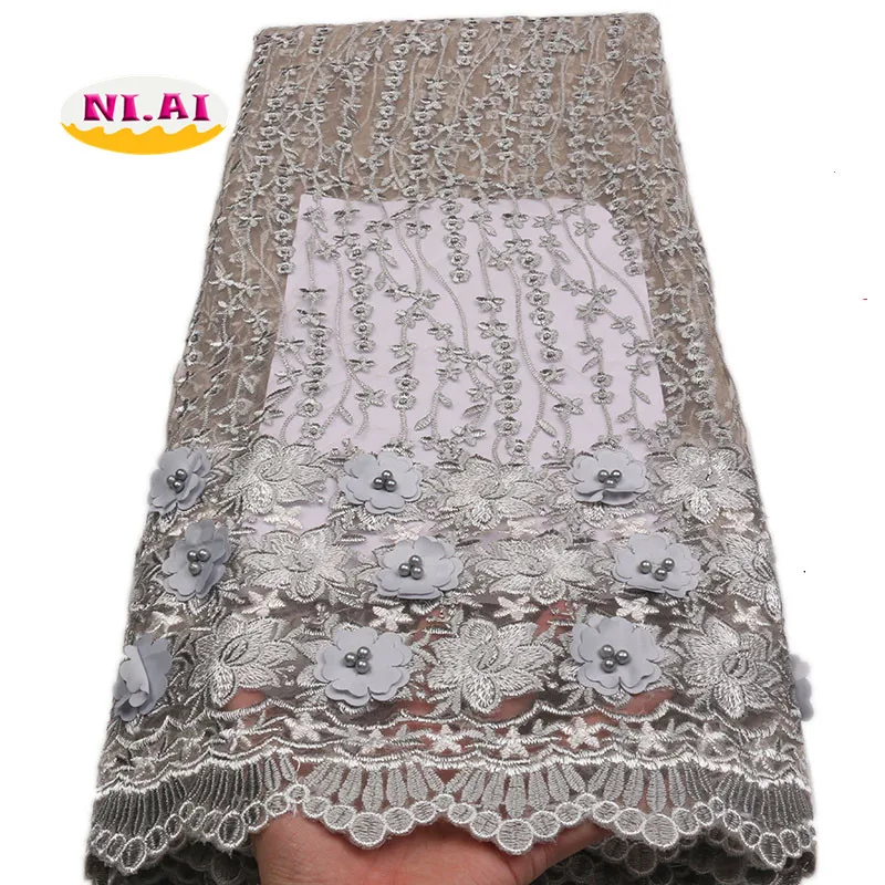 

Applique Bridal Lace For Aso Ebi, HIgh End African Lace Fabric, Grey African Lace With Beads MR1421B