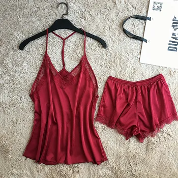 

Summer Homewear Women 2 Piece Cami&Shorts Sexy Lingerie Suit Satin Sleepwear Solid Lace Pajamas Set Trim Nightwear Size M-XXL