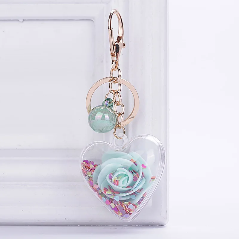 

Fashion Sequins Rose Keychain For Women Flower Pendant Transparent Quicksand Acrylic Key Chain Rope Lover Car Keychain Girl Gift