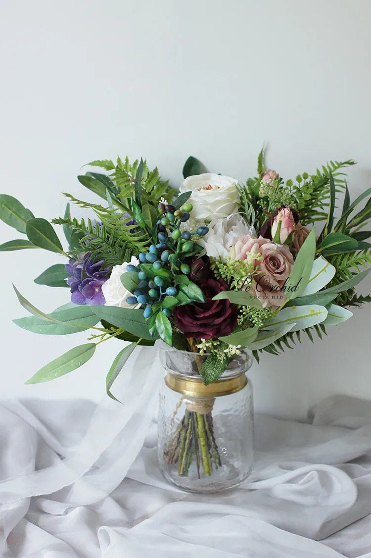 PEORCHID зеленый белый фиолетовый свадебный букет Европейский французский стиль страны Роза Пион невесты цветы лес Свадебный букет
