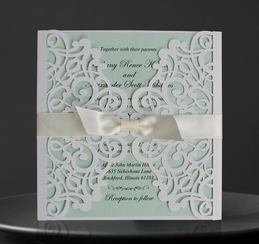  White Wedding Invitations Cards with Ribbon Bows - Set of 50 - 32721078233