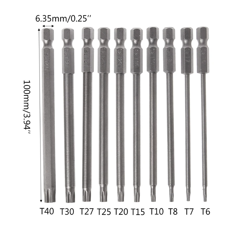 10 шт./компл. 100 мм 1/4 дюймовые шестигранные магнитной головки Torx насадки для отвертки набор T5-T40-m18