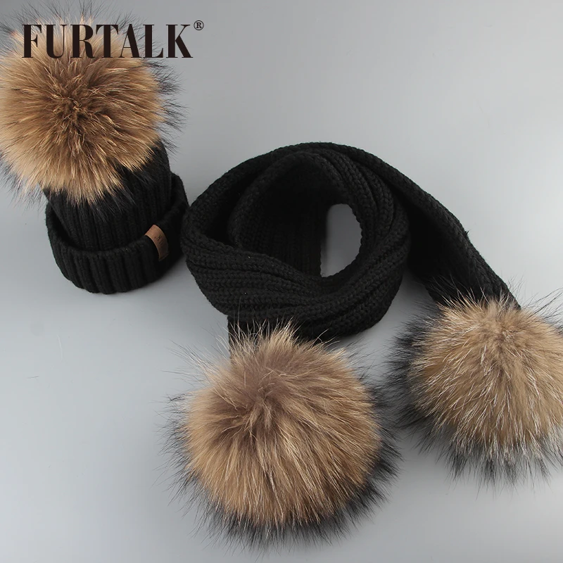 FURTALK Зимний Комплект Шапка и Шарф для детей Трикотажные Меховые Детские Шапки