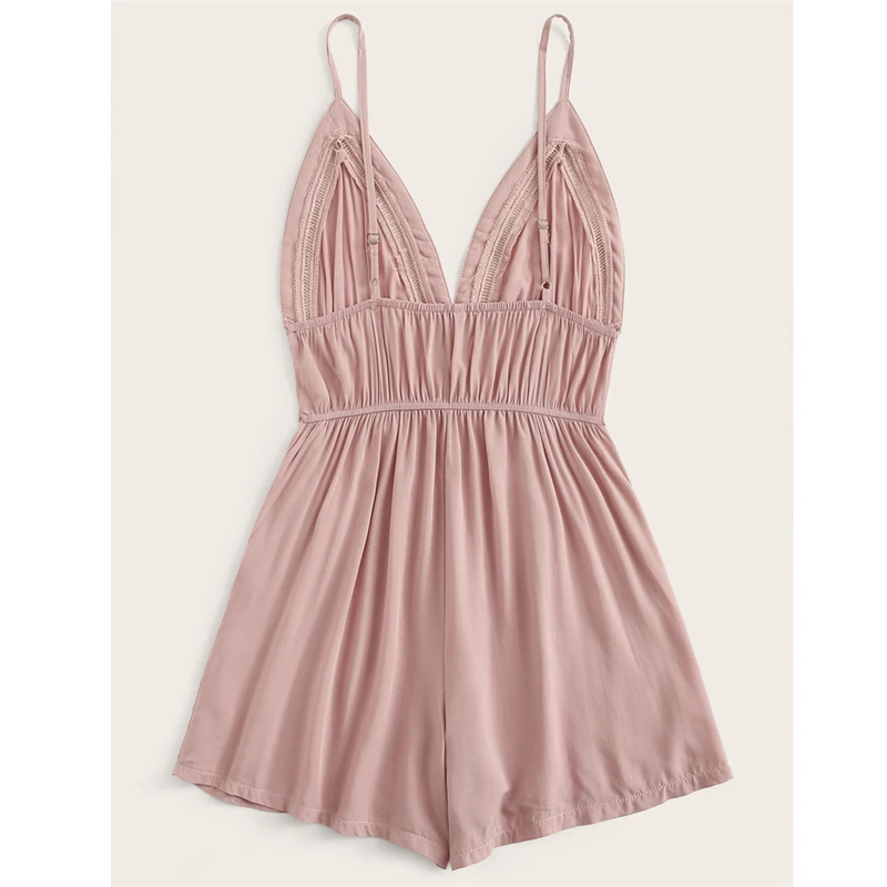 

2019 New Lace Knot Back Cami Romper Women V Neck Straps Sleeveless Playsuit Summer Casual Wide Leg Romper