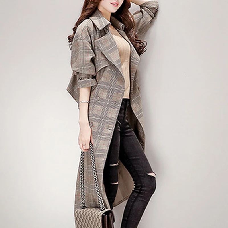 

Plaid Trench Coat For Women Double Breasted Long Spring Coat Casaco Feminino Abrigos Mujer Autumn Outerwear Casual Business 1PC