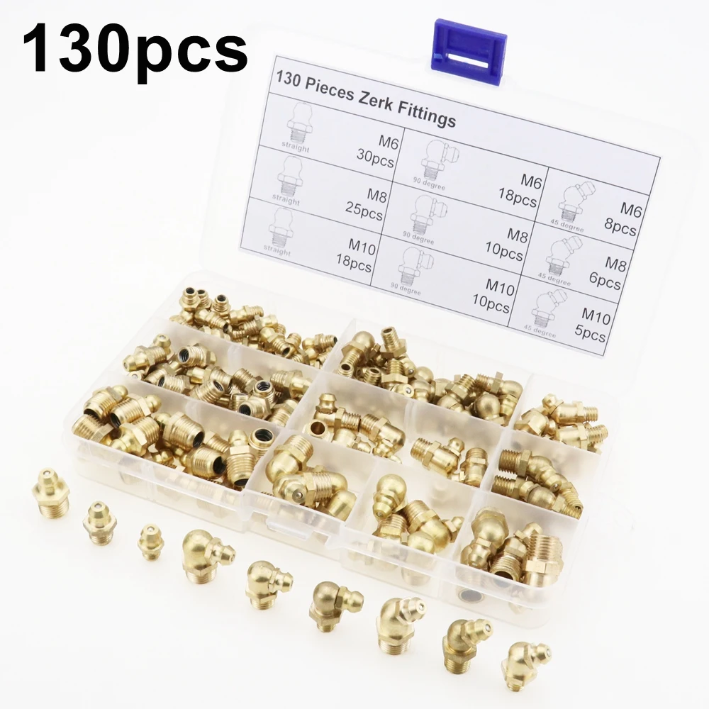 130pcs Brass Zerk Grease Nipple Fitting Assortment Kits(M6/M8/M10)in