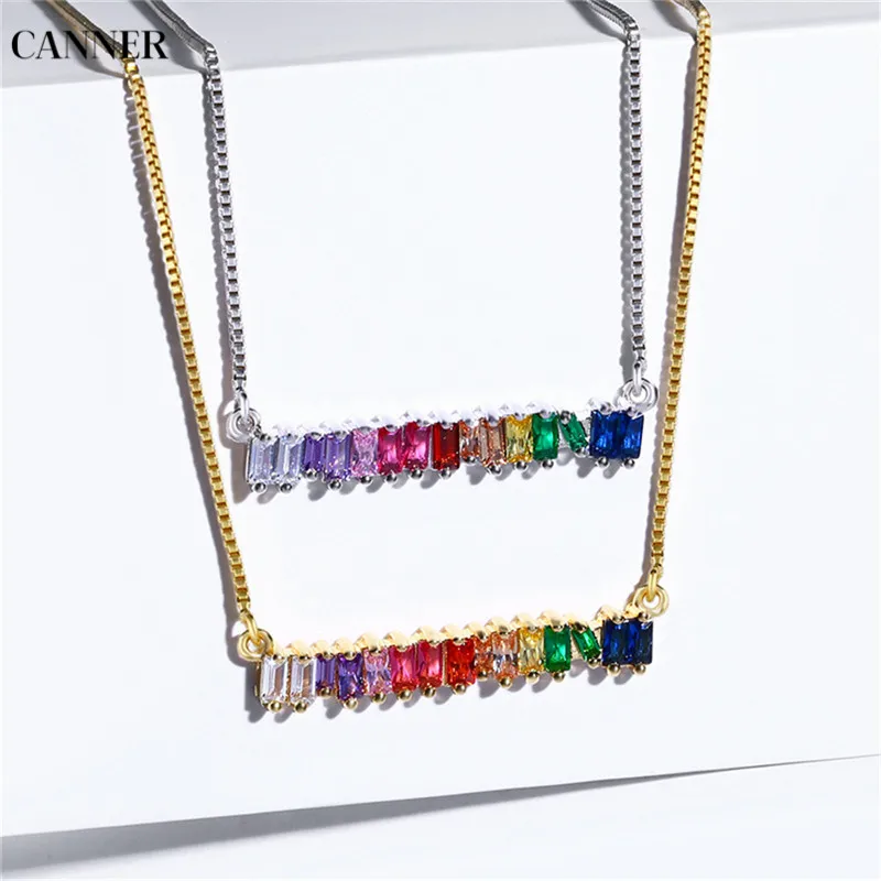 

Canner Gold Silver Rainbow Stone Necklace For Woman Colorful Crystal CZ Necklace Pendants Fashion Jewelry For Girl Gift