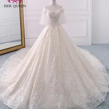 Длинное белое винтажное кружевное свадебное платье с королевским шлейфом и коротким Расклешенным рукавом, бальное платье с жемчужными бусинами, свадебные платья WX0121