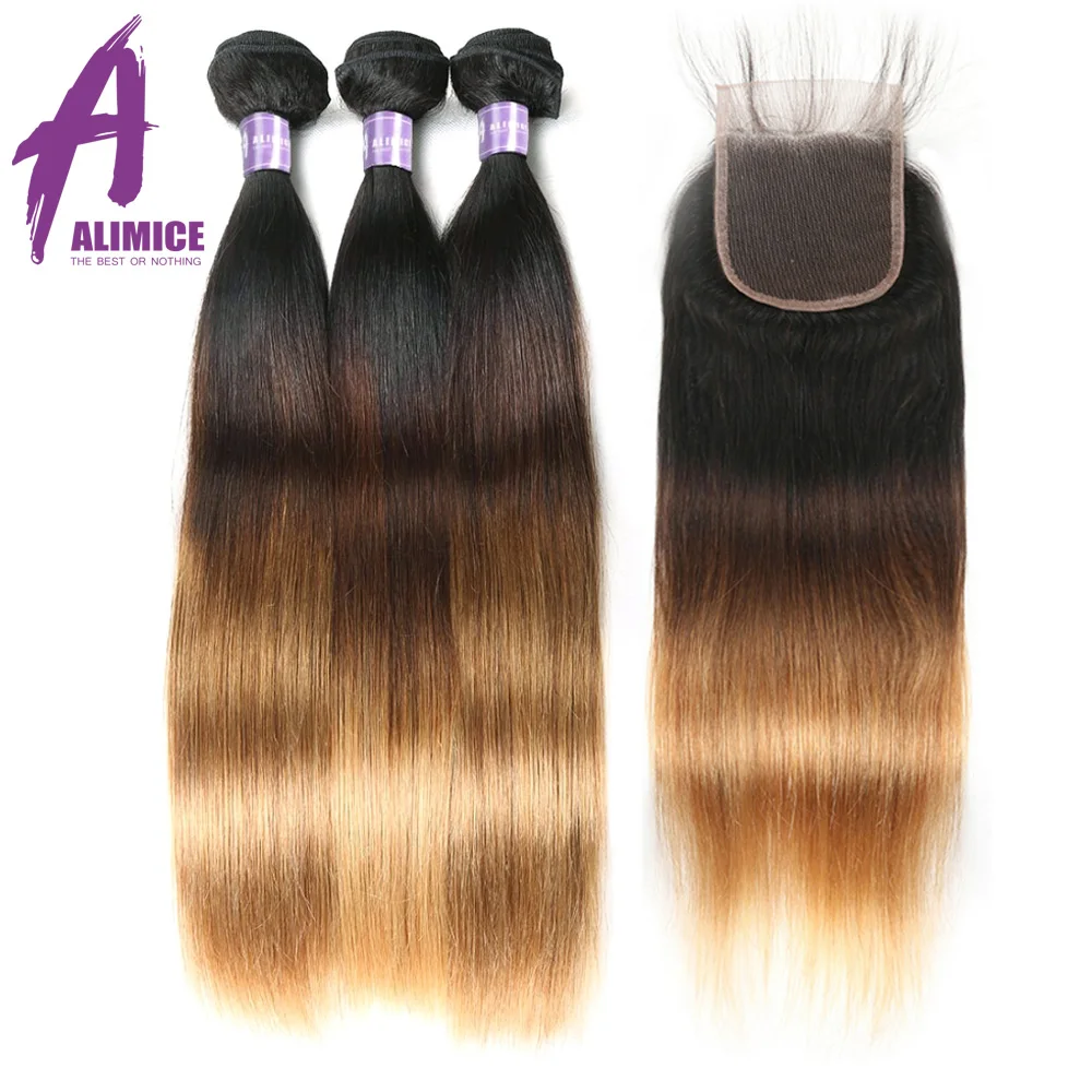 Alimice Blonde Human Hair Bundles With Closure 3 Bundles With Lace Closure Dark Roots T1B427 Ombre Blonde Indian Straight Hair (1)