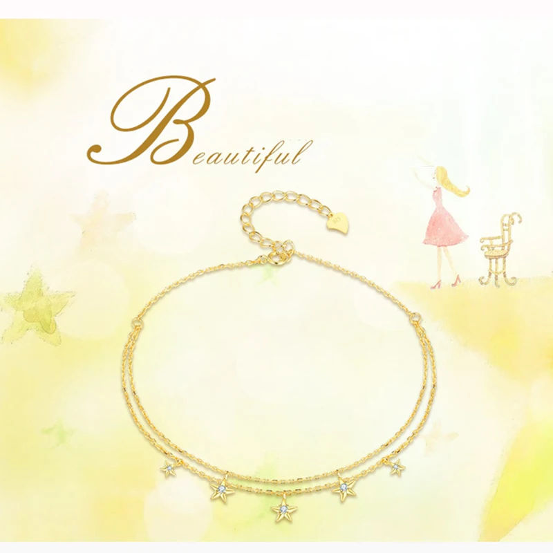 Fine Jewelry 100% 925 Sterling Silver Summer Ankle Bracelet Gold Anklet Elegant Star Foot Leg Chain Charm for Women Gift (12)