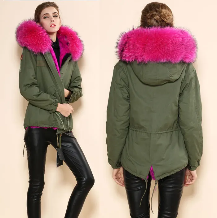 Grand col de fourrure veste de femmes Armée vert rose rouge doublure En