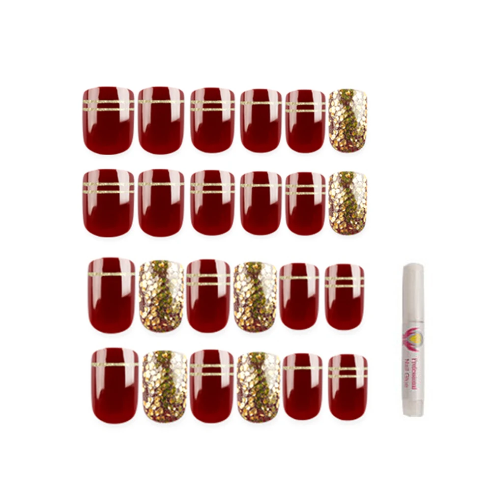 

24pcs Middle-long size full nail tips Patch False Nails Finished Press on Nail with Glue Artificial Luxurious Nails art beauty