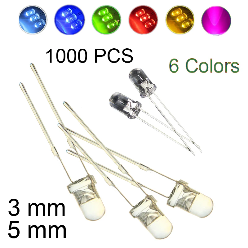 1000pcs LED Emitting Diodes Blue 3MM/5MM Green Transparent 6 Color Ultra Bright White High Quality Warm Pink | Лампы и освещение