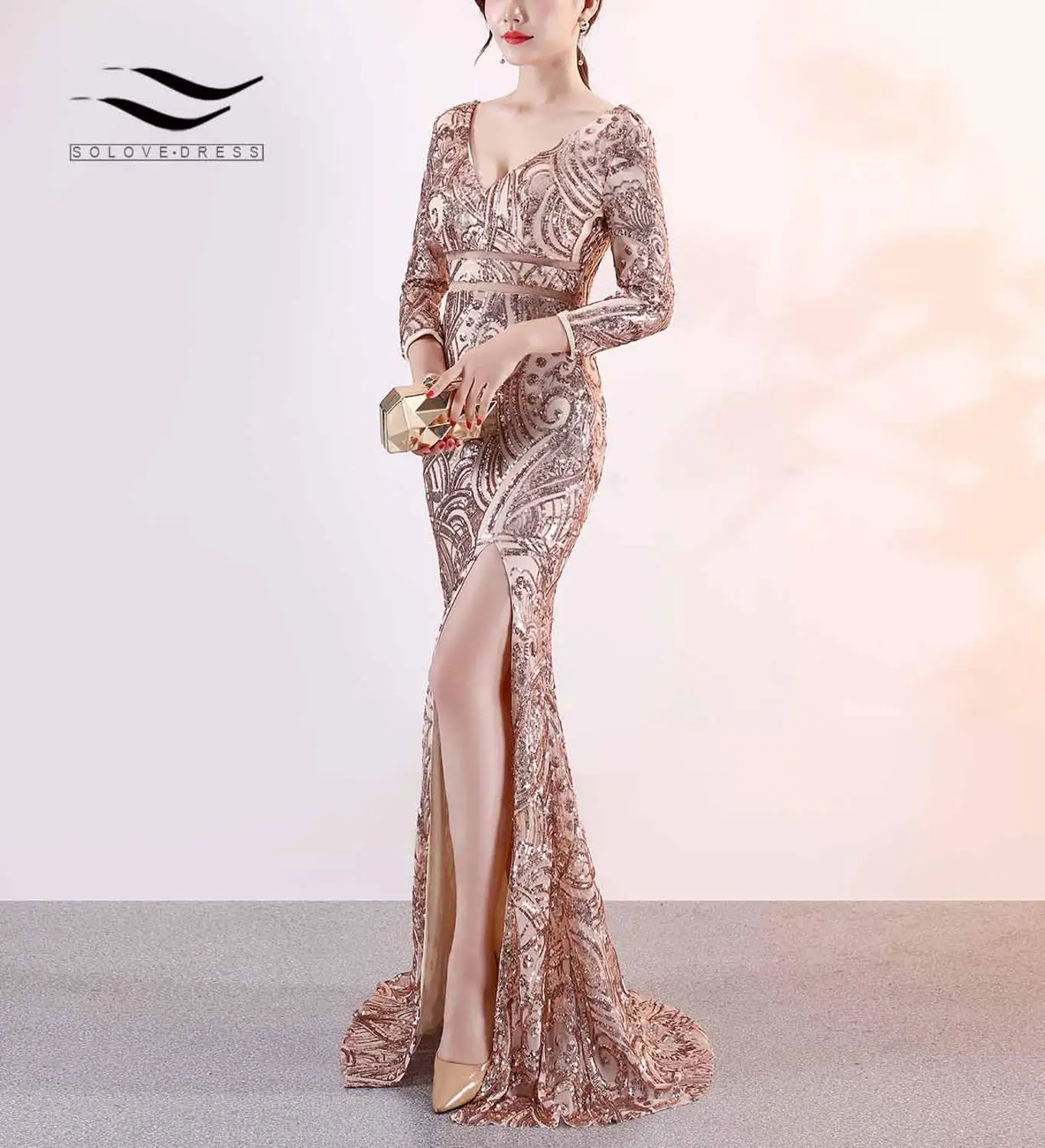 

Solovedress Evening Mermaid Dress with Slit Cut in Front Sequins Backless V Neck Stage Party Gown with Zipper Closure 3/4 Sleeve