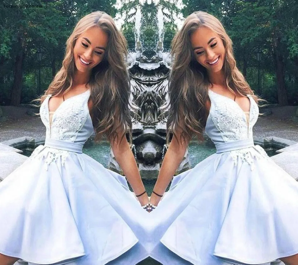2019 New Cute Light Sky Blue Graduation Homecoming Dress V Neck Lace Applique Ruffles Short Prom Dress Cocktail Party Gowns BC1797  105 (2)