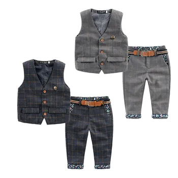 

Children's Clothing Set Spring 2018 New Baby Boys British Wind Little Gentleman Suits Plaid Waistcoat Trousers With Belt 2-6y