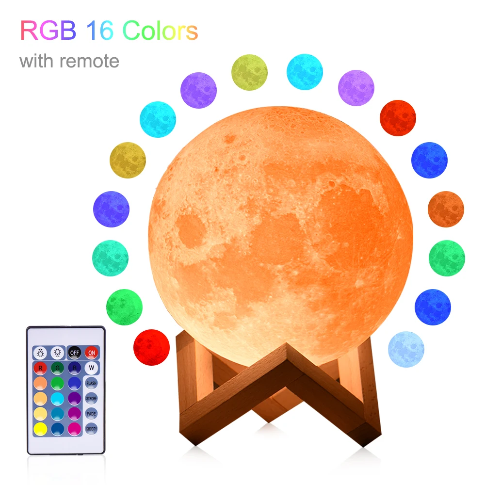 

Rambery moon lamp 3D print night light USB Rechargeable lamp lights 16 Colors Change Remote LED creative moon light gift