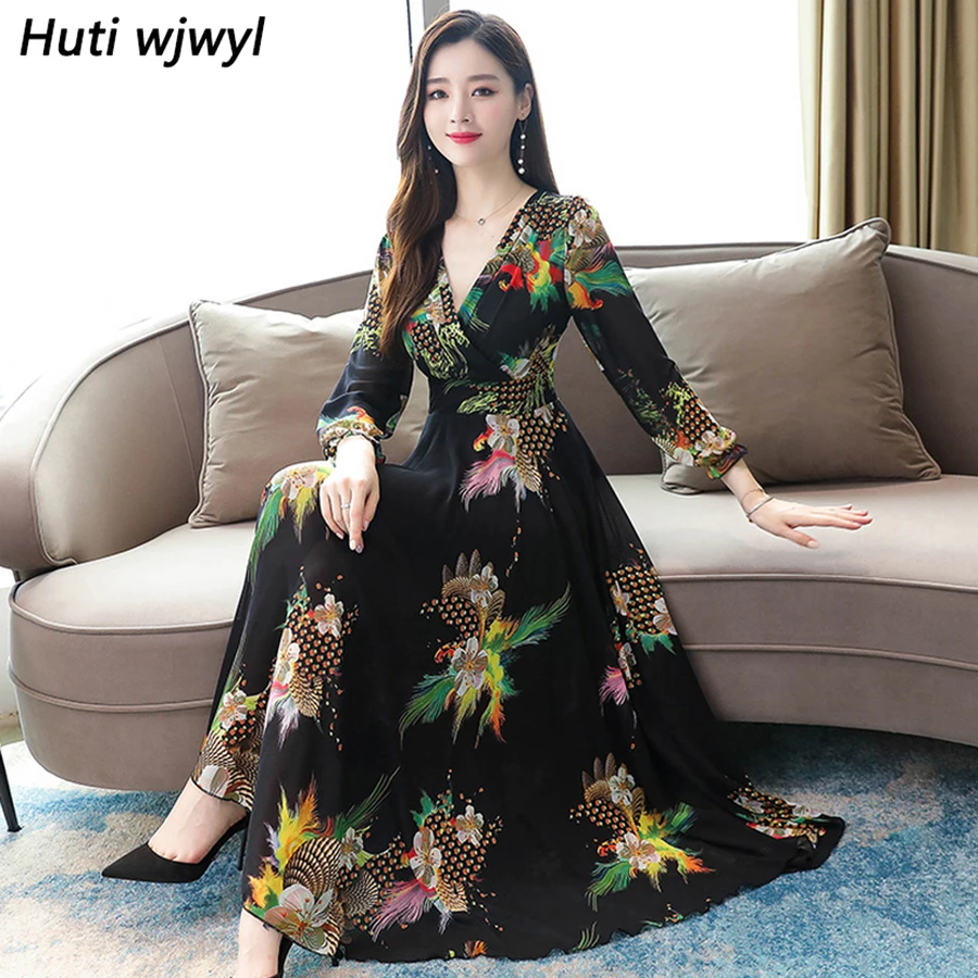 

2019 Vintage Print Long Sleeve Maxi Dresses Autumn Winter 3XL Plus Size Chiffon Sexy Dress Elegant Women Bodycon Party Vestidos