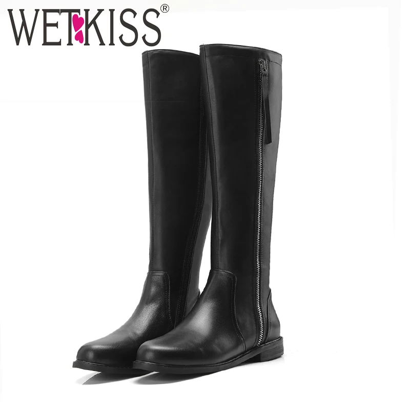 

WETKISS Knee High Women Boots Round Toe Zip Footwear Thick Low Heels Female Riding Boot Cow Leather Shoes Woman Winter 2018 New