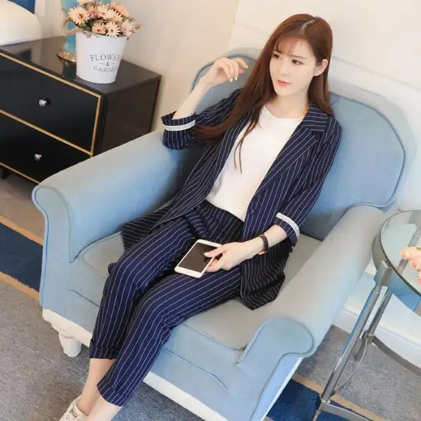 

New Arrival 2019 OL Style Pants Suits Women Single Button Blazer 2 Two Piece Set Striped Jackets & Pants Blazers DC801