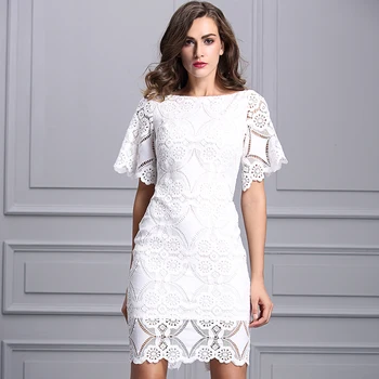 

Europe Brand Dresses Women 2017 Summer New Fashion Slim Fit White Lace Dress Ladies Elegant Hollow Out Sexy Black One-Piece