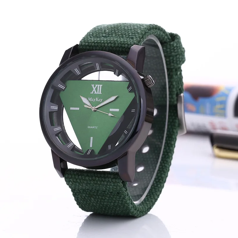 

Personality Hollow Inverted Triangle Men's Watch Casual Canvas Band Quartz Wrist Watch Men Sports Watches Clock Wristwatch