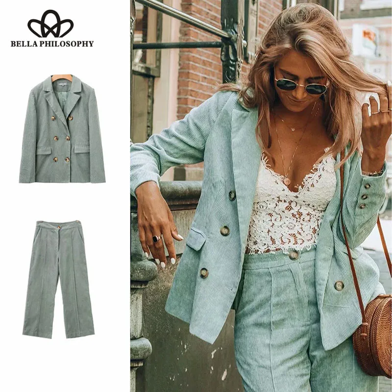 Wonder 2018 autumn highstreet fashion corduroy blazer pants warm jacket office lady velvet long sleeve ladies coat ladies suits