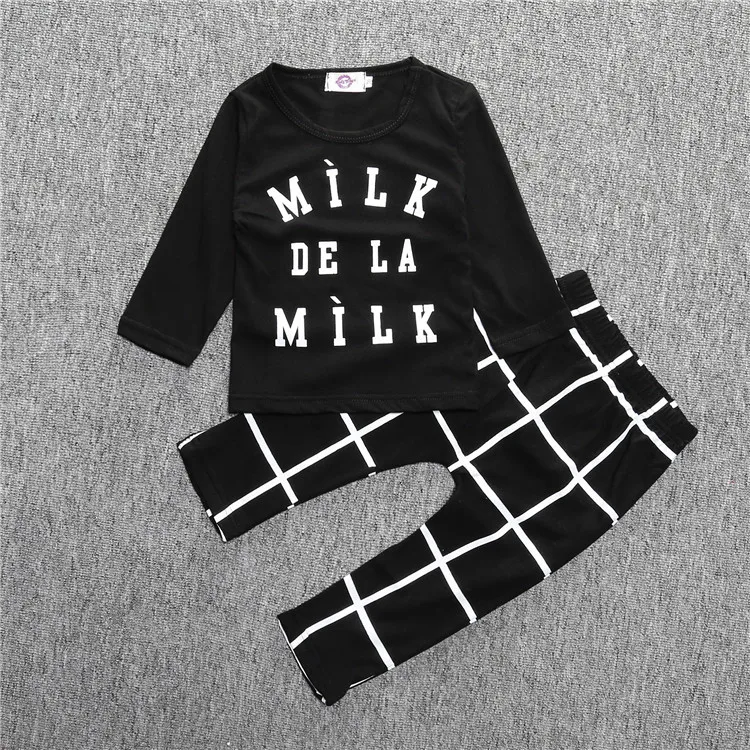 children clothes baby spring cotton sets MILK letters long sleeved T shirt font b tartan b